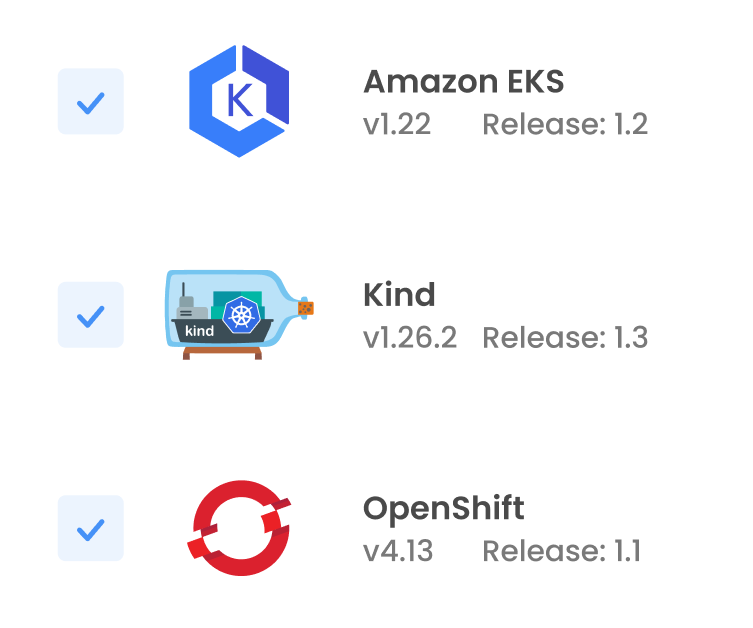 amazon, kind, and openshift clusters are all available