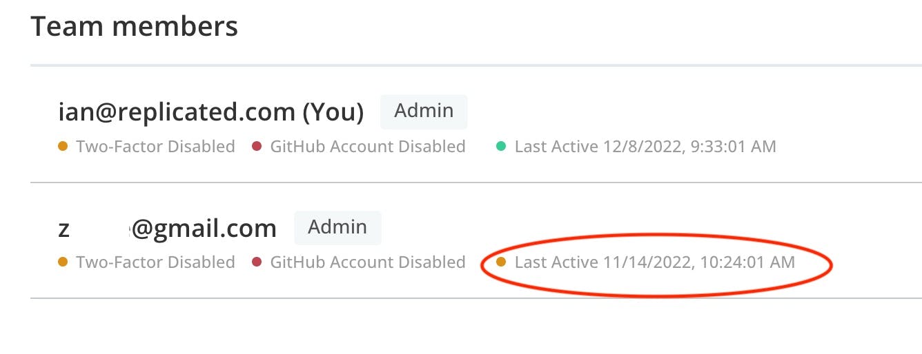 Screen capture of team members page with Last Active circled
