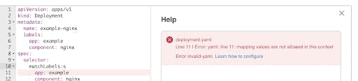 Deployment YAML showing a linter error