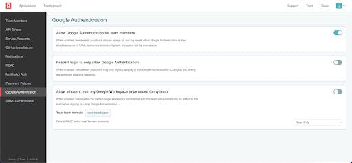 Google Authentication by domain for a team