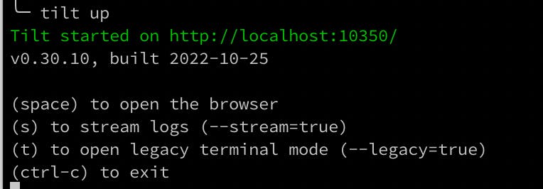 A console window showing Tilt active