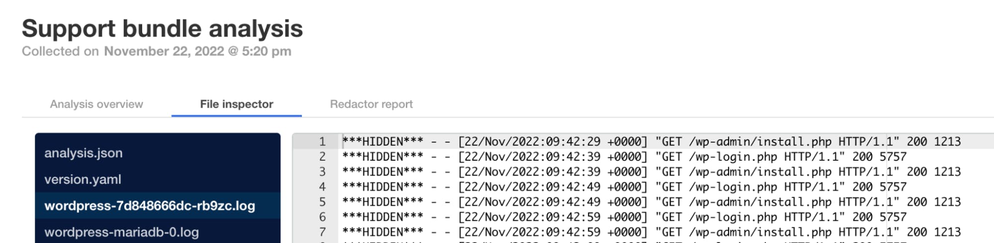 A browser window displaying support bundle analysis showing pod log is now being collected