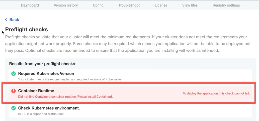 Preflight check results showing the required container runtime was missing