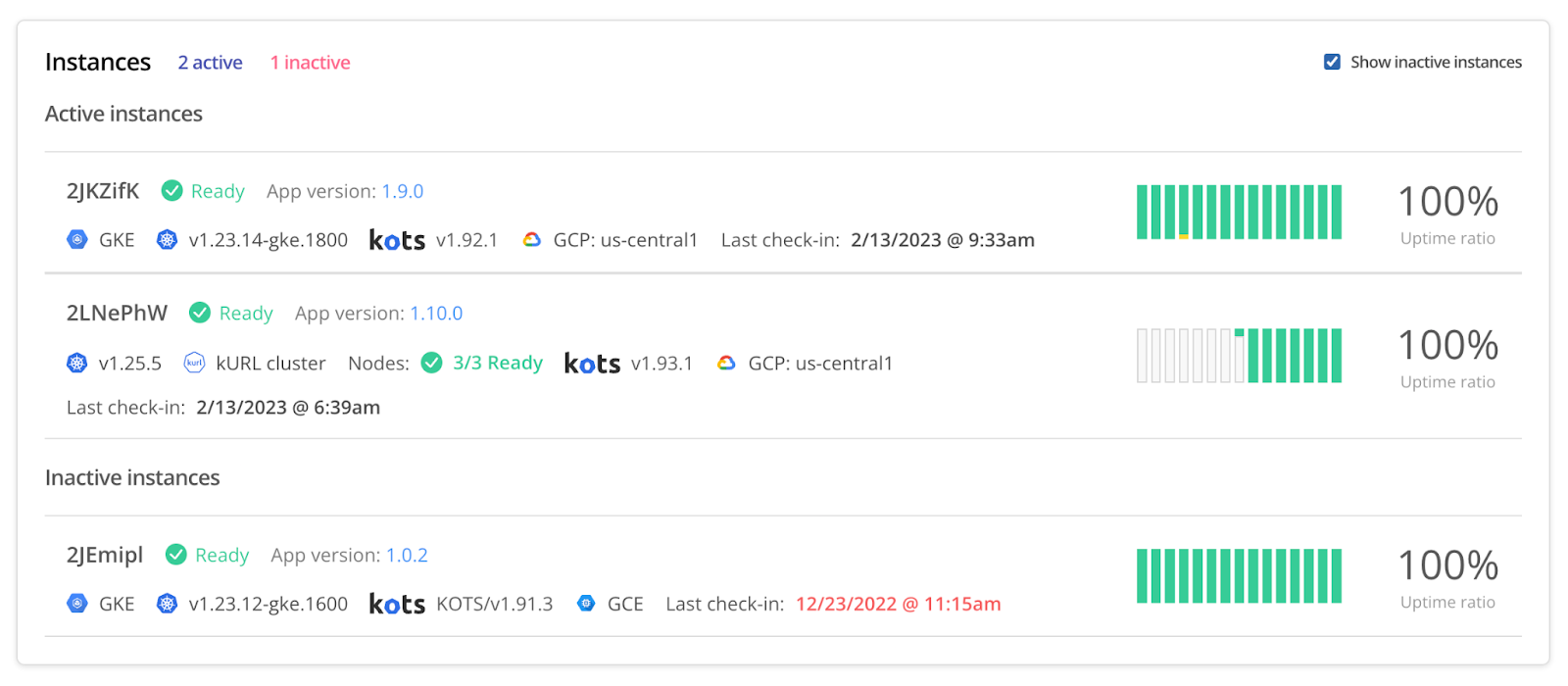 summary of deployment instances on the replicated vendor portal