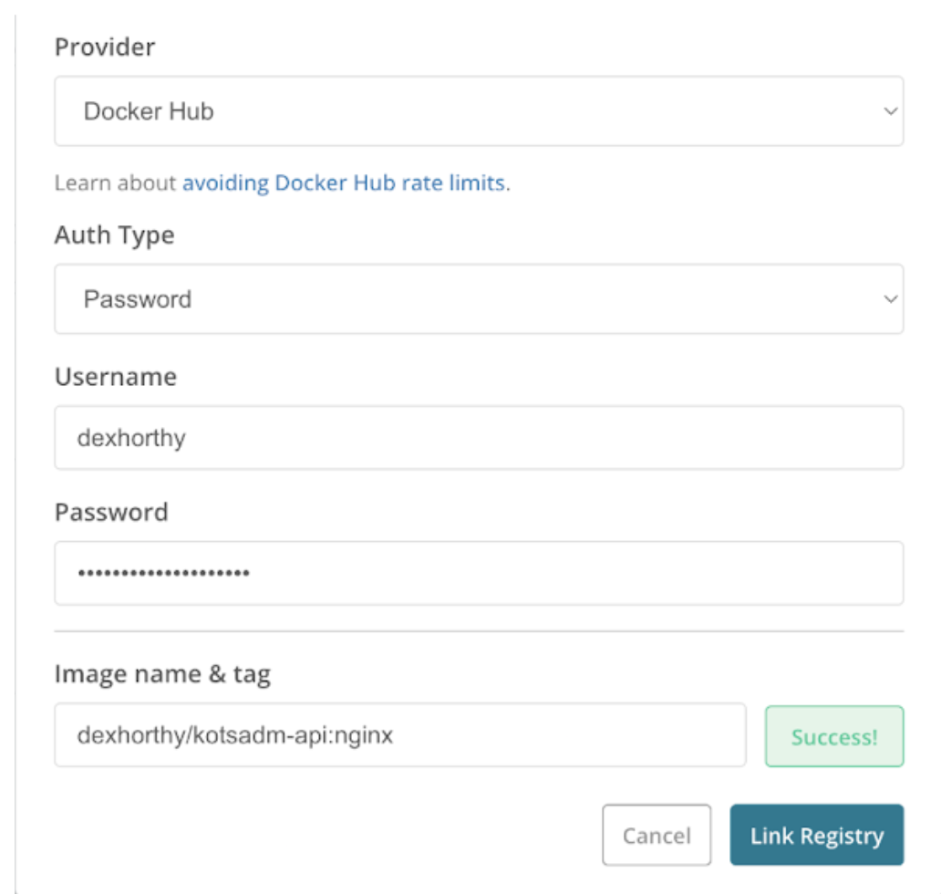 Registry configuration screen in vendor portal showing a success