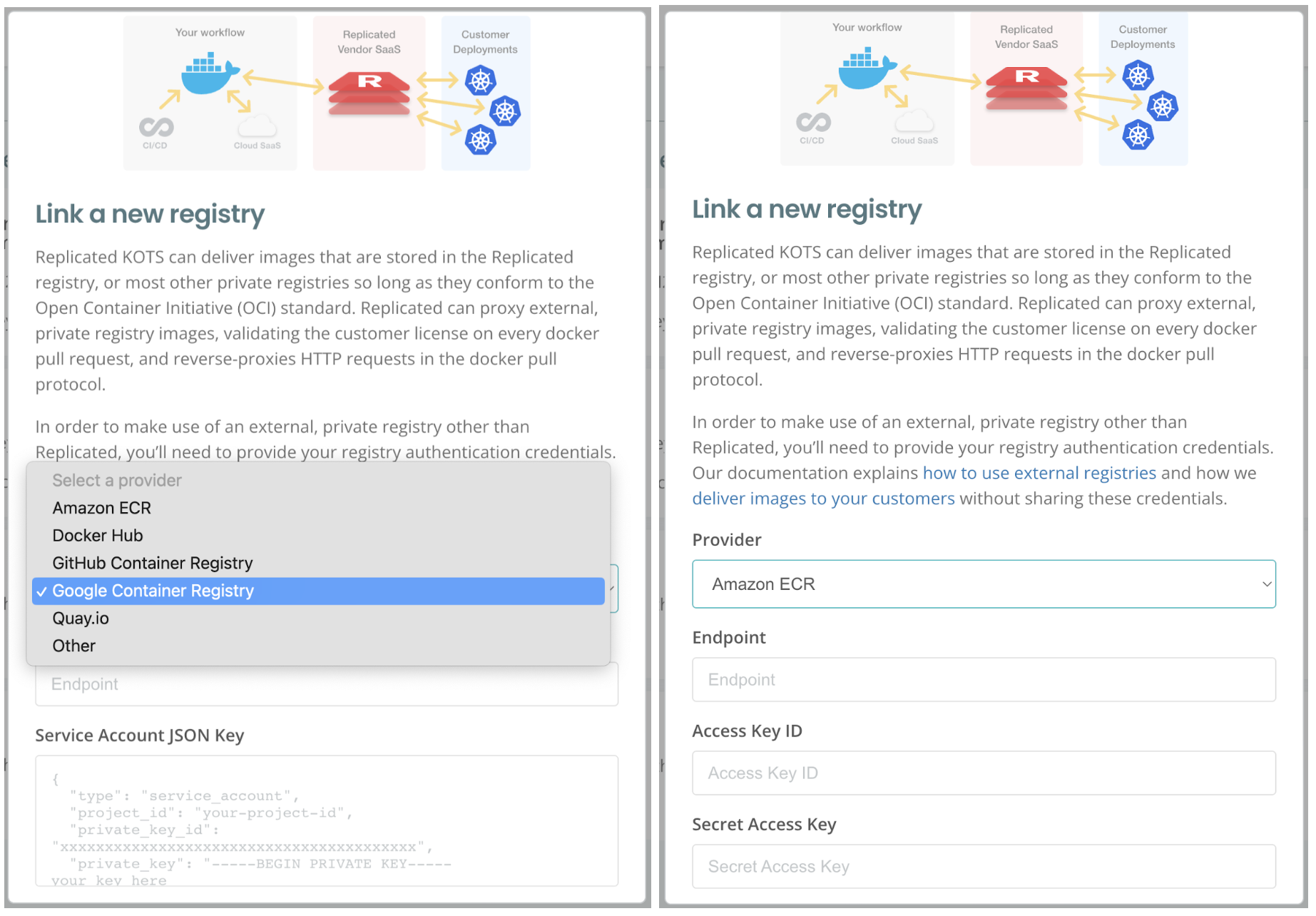 Guide examples in the vendor portal displaying the requirements for different registry options