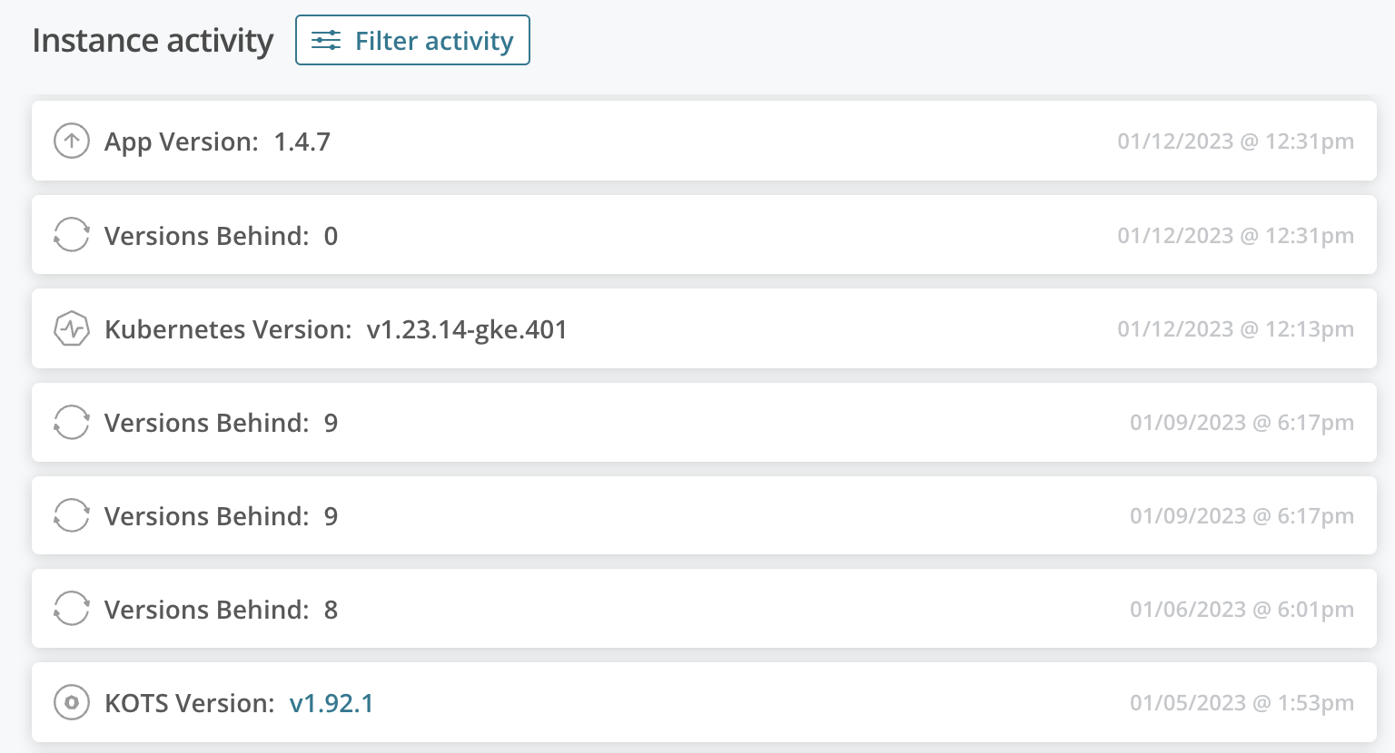 Instance activity with a filter option showing the app version, versions behind, the Kubernetes version and the KOTS version