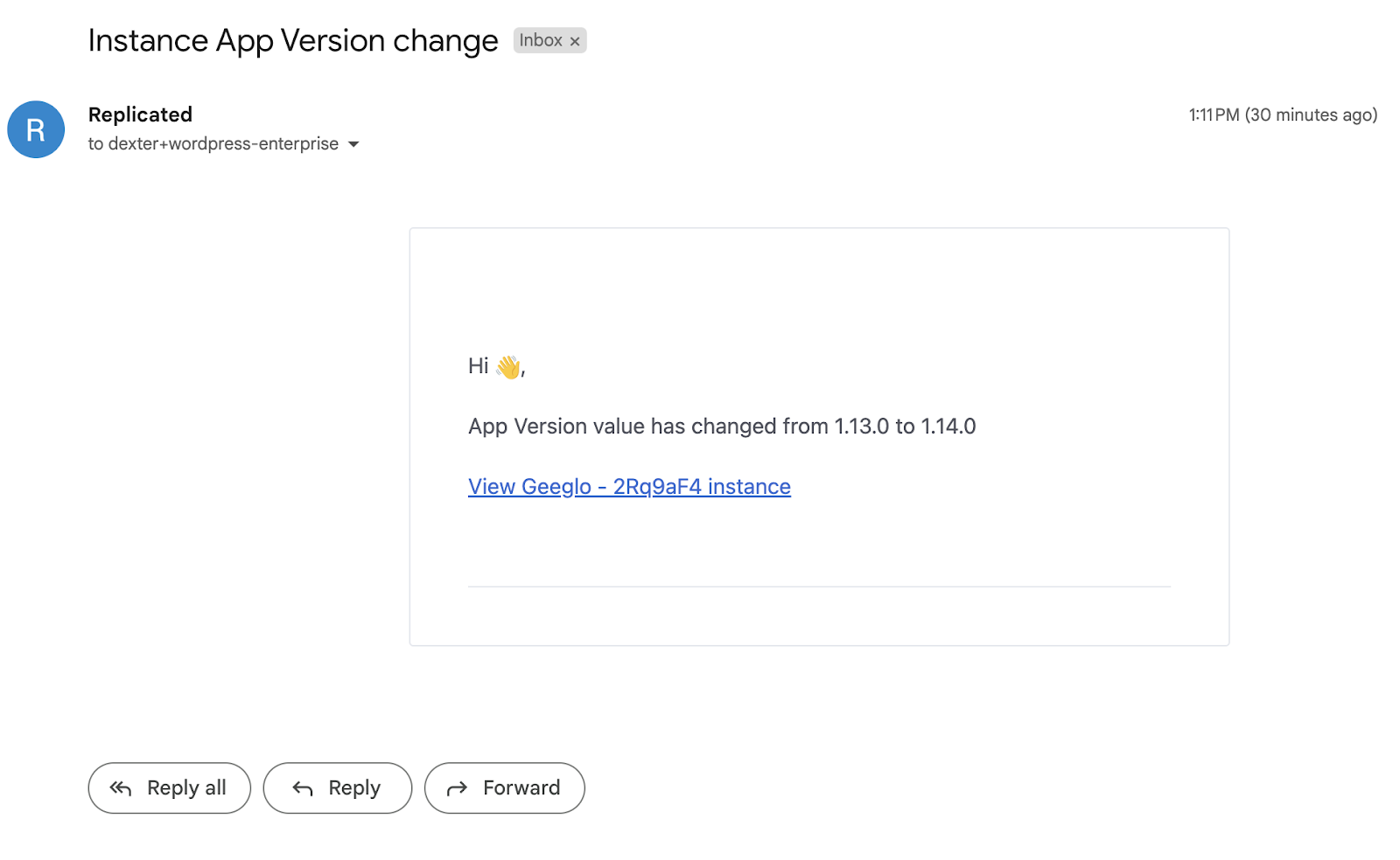 Example email notification of an app version change