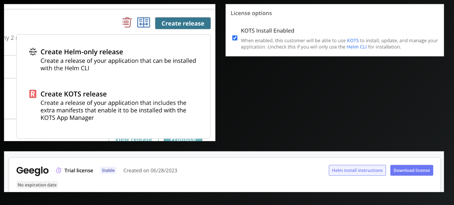 Snapshot showing the options for Helm-only installs in the vendor portal