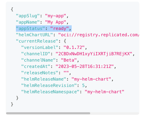 Some YAML showing app status as ready