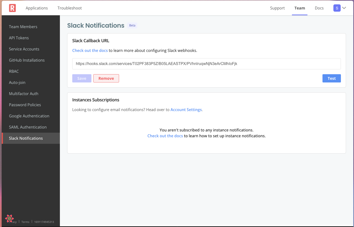 A screenshot showing a Slack callback URL for testing